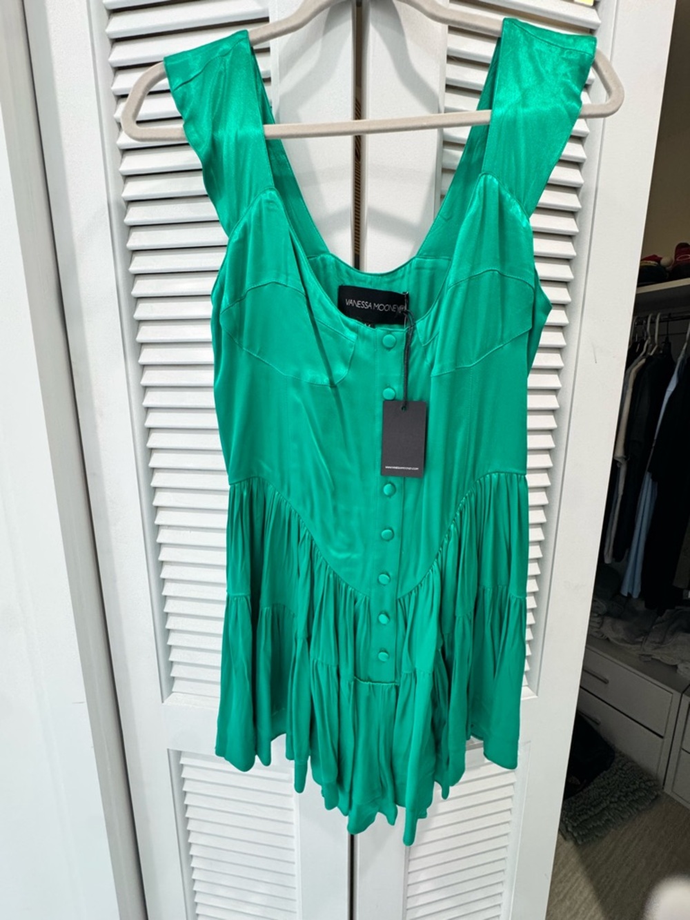 Vanessa Mooney Emerald Green Button-Front Ruffle Camisole style Romper
